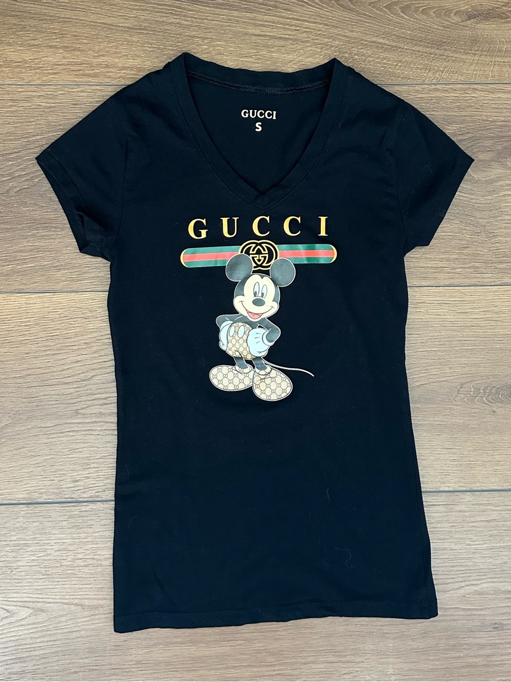 Gucci Black Short Sleeve V-Neck Soft Tee with Multicolor Mickey Graphic